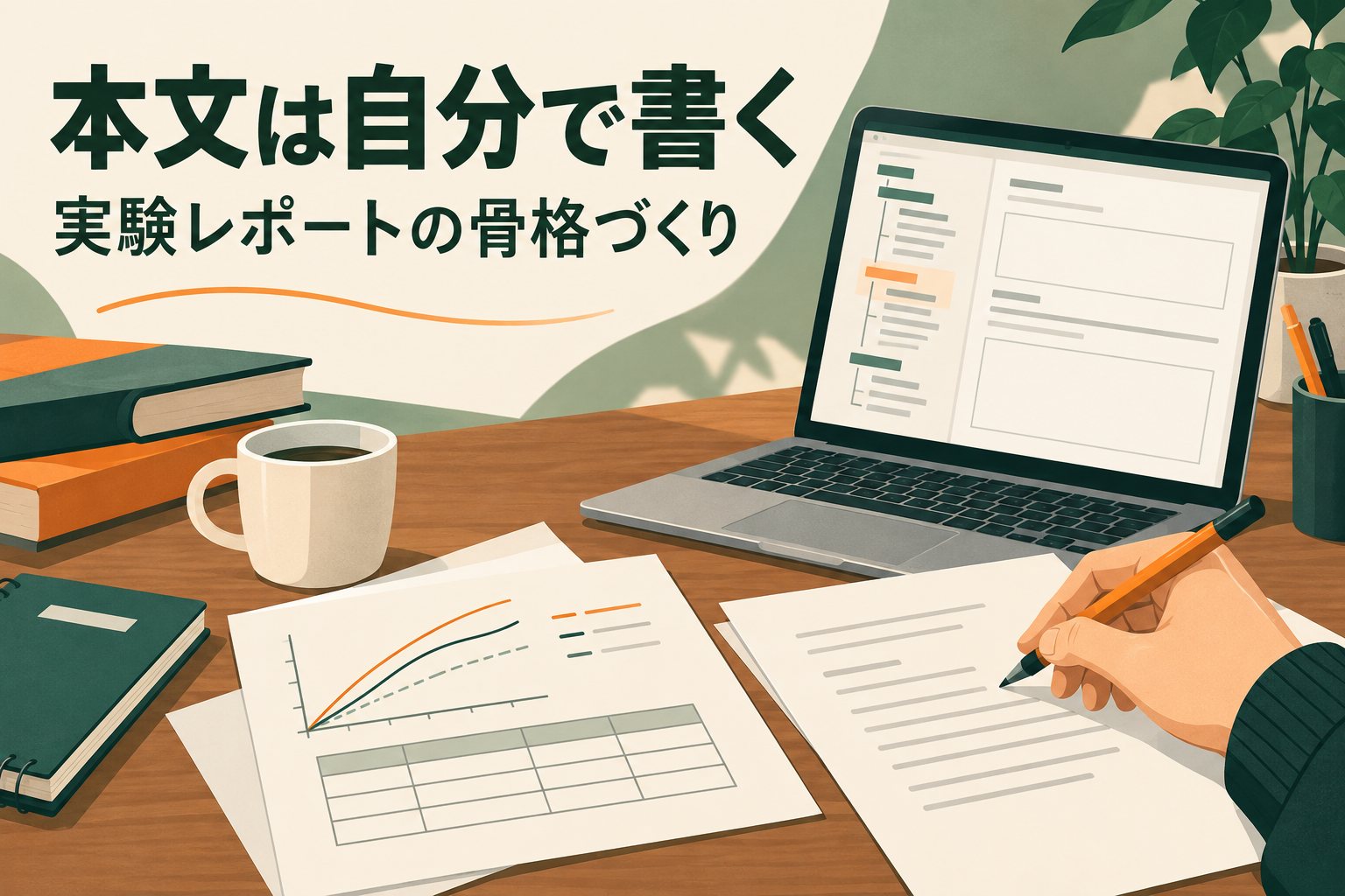 本文は自分で書く。実験レポートの骨格づくりを表す説明用イラスト。実際の操作画面ではありません